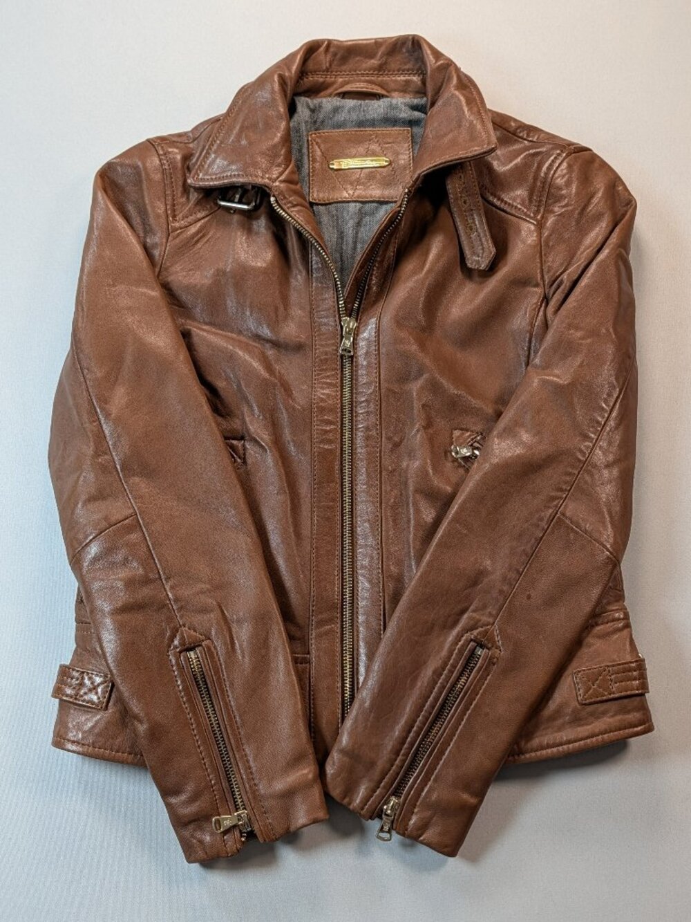 Massimo Dutti 100% Sheep Leather Moto Biker Jacket Brown XS